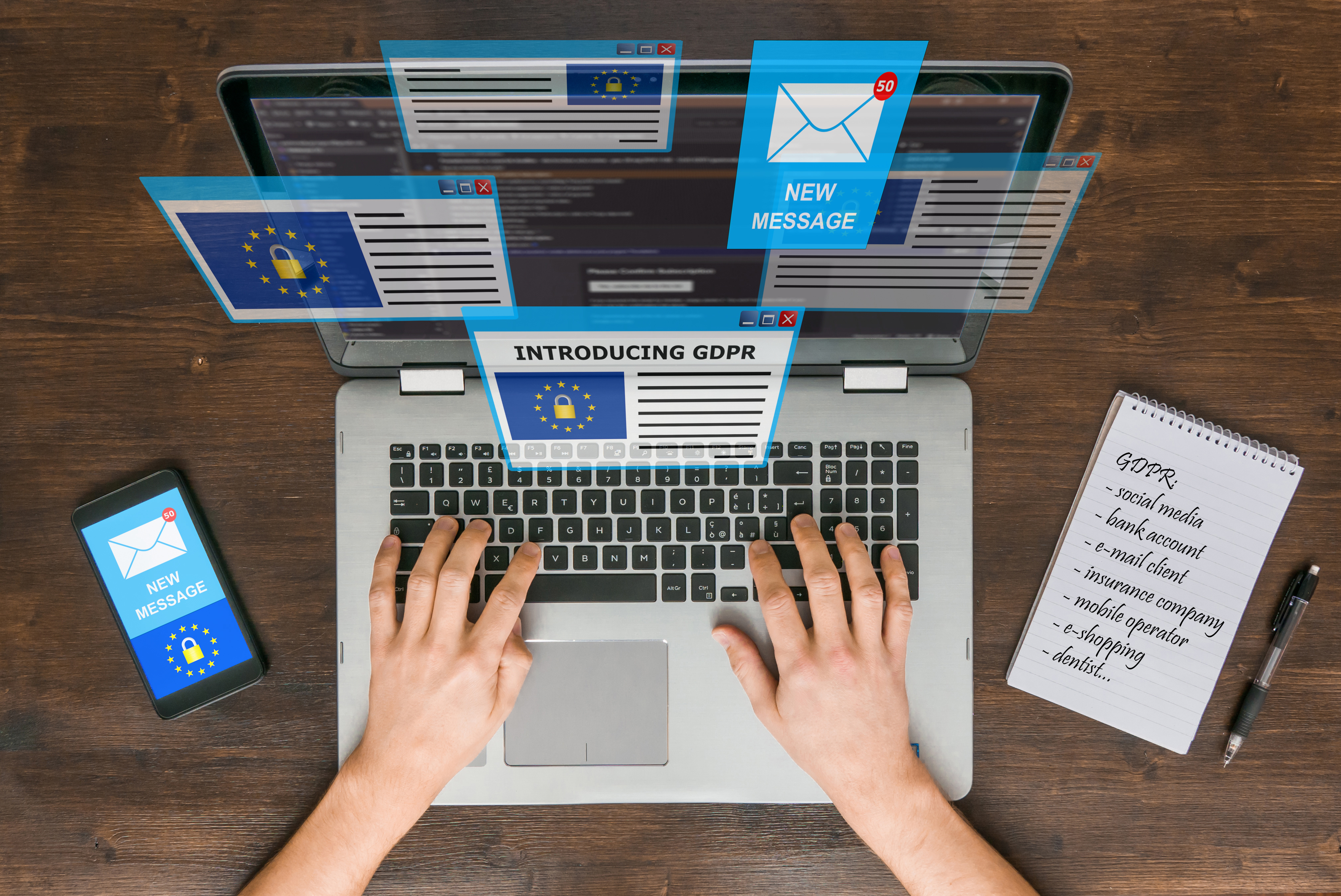 Overwhelmed person receiving dozens of e-mails on GDRP regulations, GDPR and data safety concept