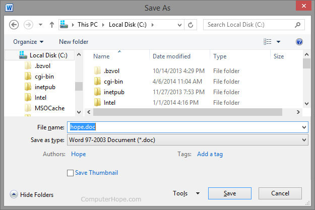 Screenshot of saving a file on a local hard drive on a Windows machine
